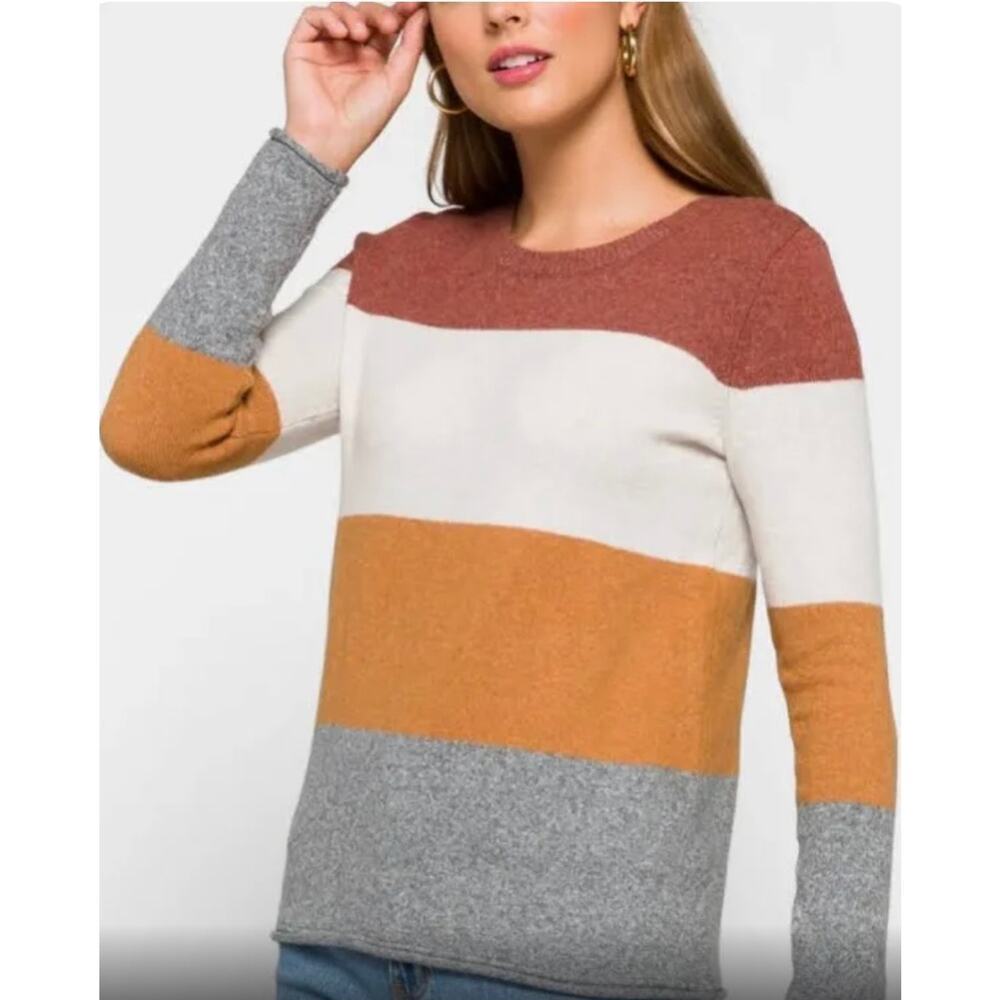 Pinque Gina Striped Crew Neck Sweater – Colorblock Multi Tone Knit, Size Large
